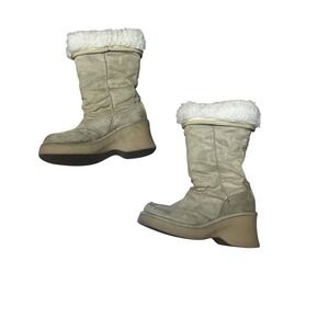 LEI Vintage Y2K Platform Wedge Boots Tan Faux Fur Trim Mid Calf Womens 6.5